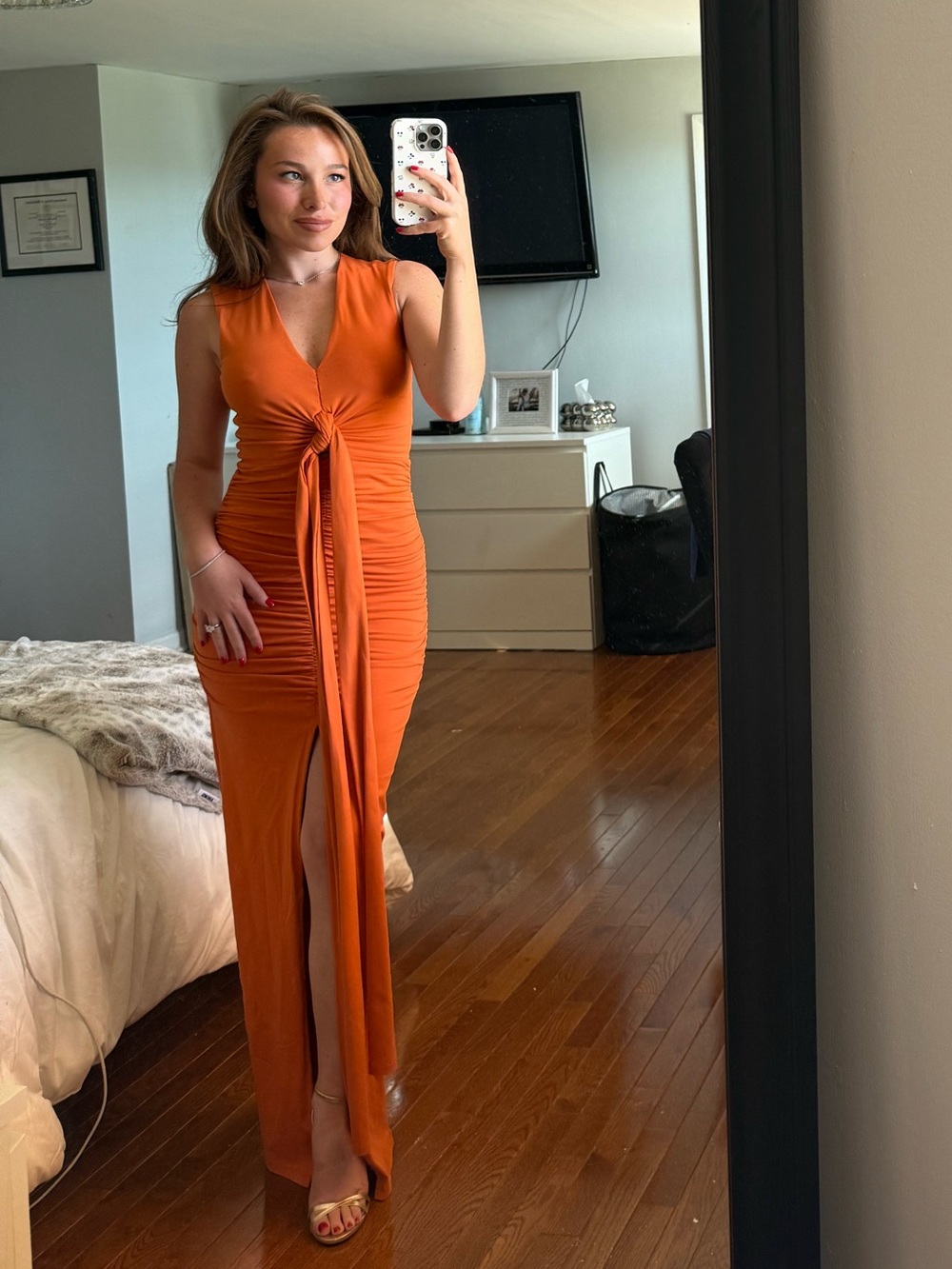 Sleeveless Knot-Front Orange Maxi Dress with Front Slit